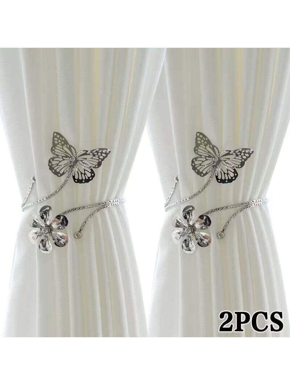 2pcs Modern Golden & Silvery Butterfly & Floral Metal Curtain Ties